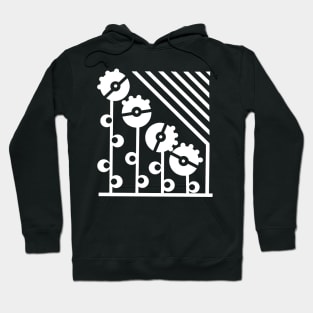 White Mechanical Flowers - Black Hoodie